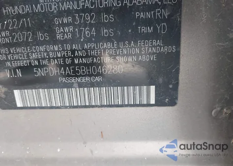 2011 Hyundai Elantra Limited from USA, damaged, VIN 5NPDH4AE5BH046280